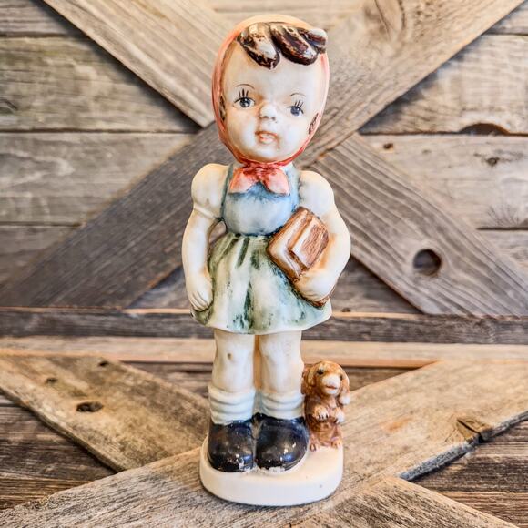 Vintage German Girl Ceramic Figurine w/ Book, Backpack and Little Puppy, 8” Tall - Picture 1 of 9